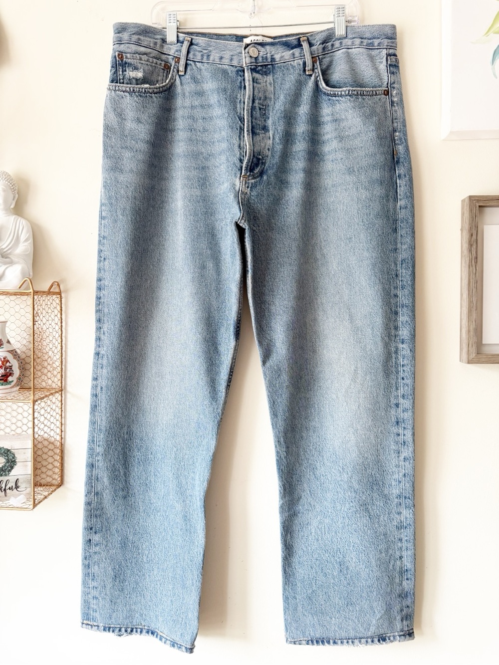 AGOLDE 90s Pinch High Rise Button Fly Distressed Jeans Endless Wash Size 34 - Picture 2 of 14